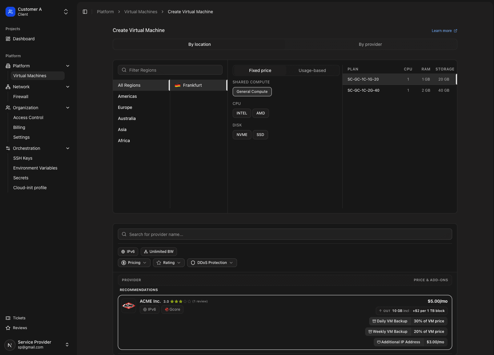 Customer console: deploy a virtual machine from the marketplace